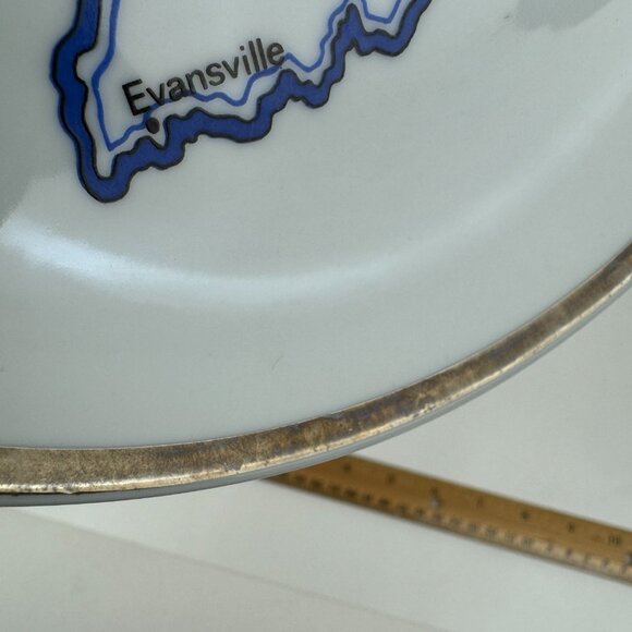 Vtg Indiana Round Souvenir Plate Bird Racecar Flower Ceramic White Cream Silver - Picture 6 of 13